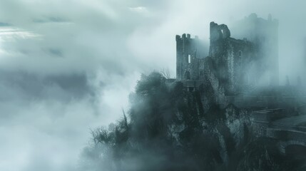  mysterious fog enveloped the old ruined castle - obrazy, fototapety, plakaty