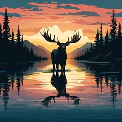 Majestic Moose Silhouette with Reflective Lake at Twilight