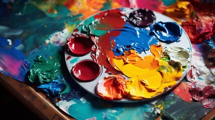 A close-up of a paint palette filled with a rich assortment of vibrant colors.