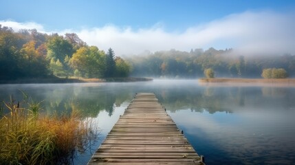 Obraz premium lake with wooden pier disappearing into fog