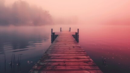  lake with wooden pier disappearing into fog - obrazy, fototapety, plakaty