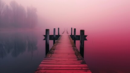  lake with wooden pier disappearing into fog