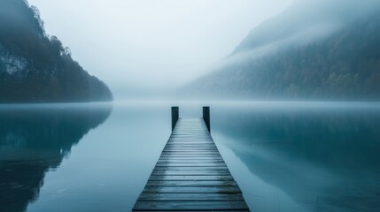 fog hid the wooden pier on the lake
 - obrazy, fototapety, plakaty