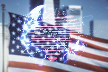 Double exposure of abstract digital world map hologram with connections on US flag and city background, big data and blockchain concept