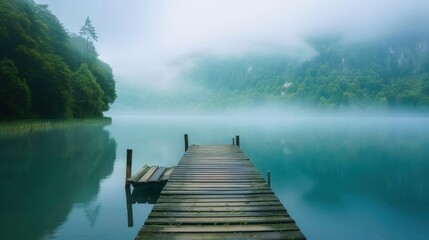 fog hid the wooden pier on the lake
 - obrazy, fototapety, plakaty