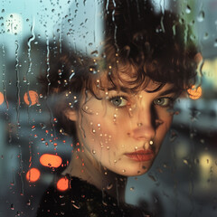 Portrait of a young woman on a rainy day in a street. AI generated.