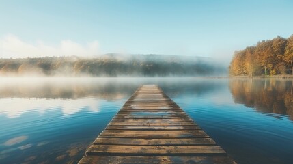 Naklejka premium fog hid the wooden pier on the lake 
