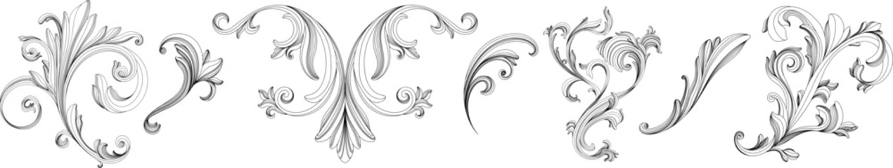 Hand drawn baroque decorative set. Element filigree calligraphy for design collection.