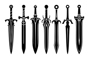 Set of fantasy swords icons. Medieval swords and futuristic weapons for game interface. Cartoon set of fantasy metal longswords. Vector illustration © VectorCO