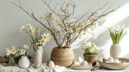 Elegant spring flowers arrangement in natural tones. interior decoration with blooms and ceramic vases. seasonal home decor. AI