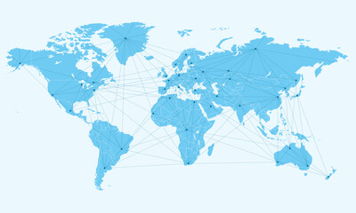 Global Air Traffic Routes Connecting Continents and Major Cities Worldwide. Network, internet, global air traffic, routes connectivity between continents and major cities across the world.