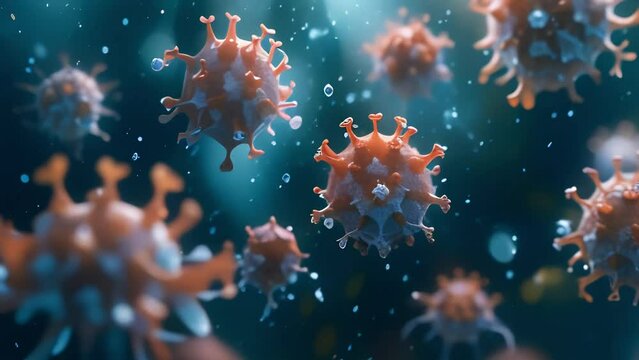 Viruses and leukocytes on a blue background under a microscope