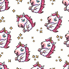A grumpy unicorn seamless pattern. Cute fantasy background. Adding humor and charm to fantasy designs. Perfect for prints, clothe, wrapping paper. Not AI.
