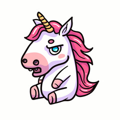 A grumpy unicorn depicted in a cute vector illustration, adding humor and charm to fantasy designs. Perfect for children's art and imaginative projects. Not AI.