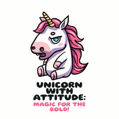 A grumpy unicorn depicted in a cute vector illustration, Magic for the bold! Adding humor and charm to fantasy designs. Perfect for prints and posters. Not AI.