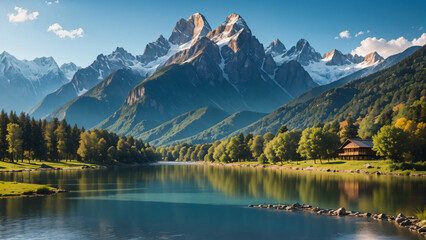 lake in the mountains , "A Breathtaking Symphony of Nature: The Verdant Hills, Vibrant Hues, and Tranquil Aura of a Masterpiece Landscape"