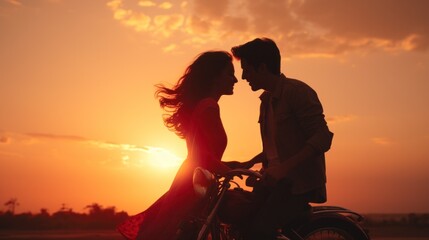 Obraz na płótnie Canvas A couple kissing on a motorcycle at sunset, AI