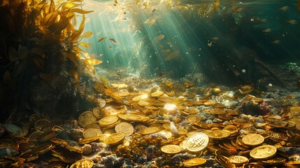 Fototapeta na wymiar Old ancient golden coins money on sea bottom wallpaper background 