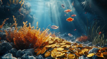 Old ancient golden coins money on sea bottom wallpaper background 