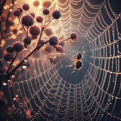 The spider meticulously spins the intricate web between the branches of the tree, each strand of dew sparkles with microscopic beers. In the distance, raindrops hang suspended at the edges of the flow