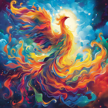 Illustrate a mythical phoenix reborn flames swirling in a vibrant spectacle of renewal