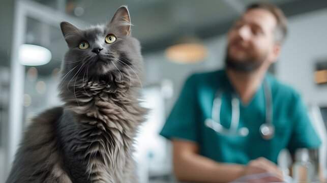 Majestic gray cat sits gracefully, veterinarian in background. professional pet care. perfect for animal themed designs. AI