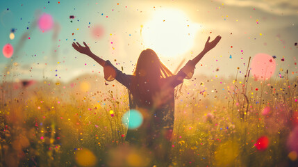 Joyful Woman Embracing Life Amongst Colorful Meadow