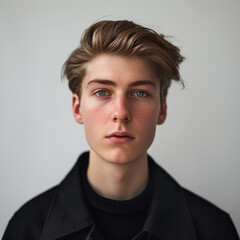 Portrait of a young handsome man with black jacket on a  gray wall background. Concept of fashion, hair design, hair cut.