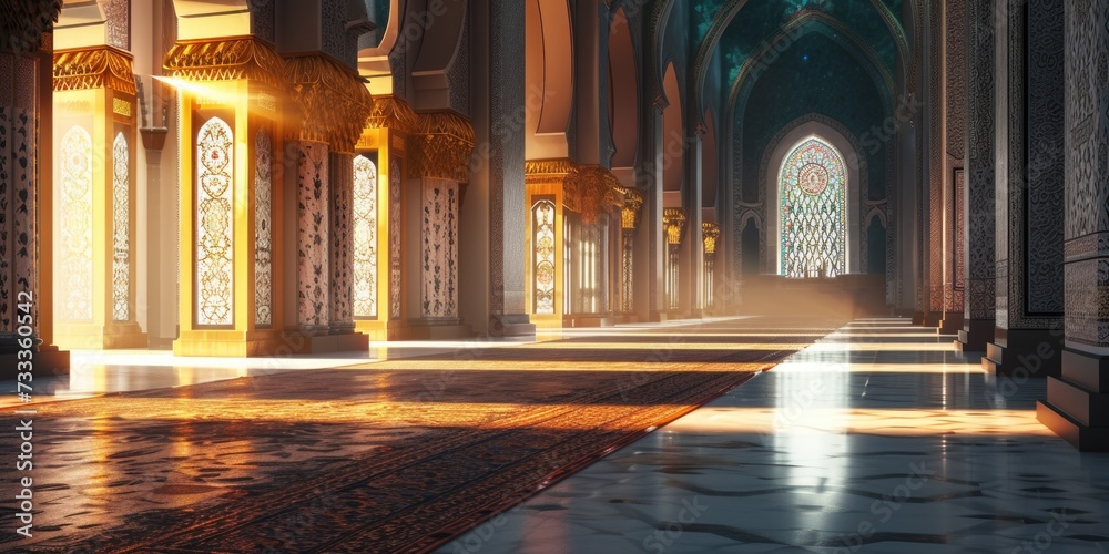 Poster a grand room featuring numerous columns and a beautiful stained glass window. perfect for architectu