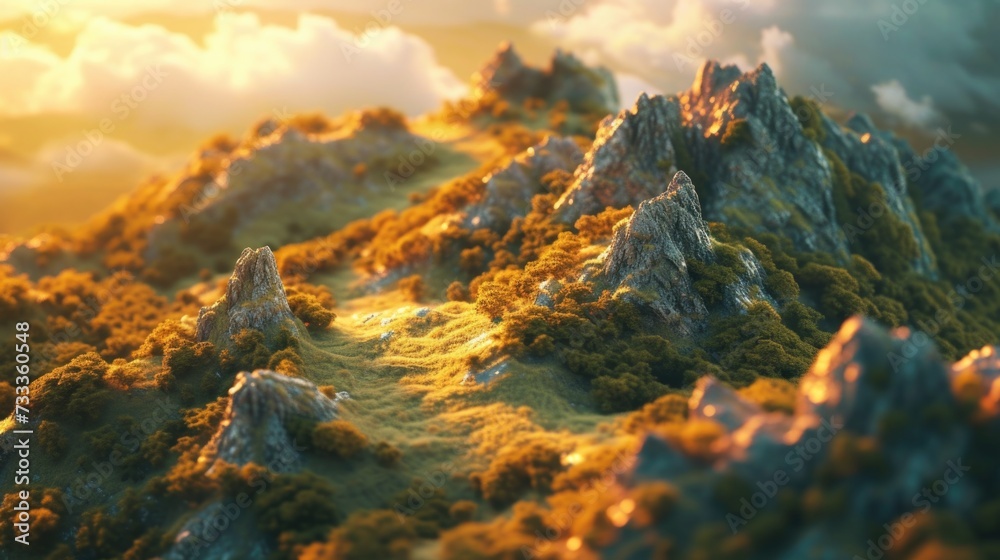 Poster a detailed view of a mountain completely covered in lush green trees. perfect for nature enthusiasts