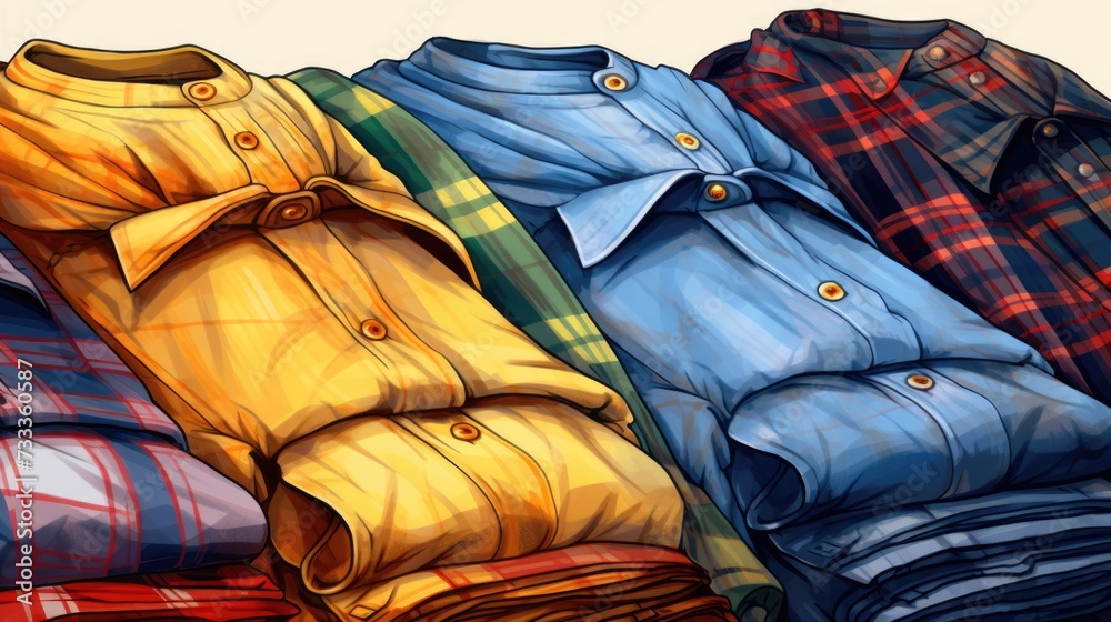 Poster a pile of shirts stacked on top of each other. can be used to showcase different colors, styles, or 