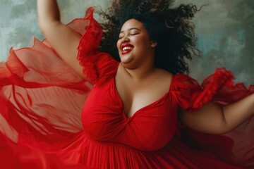 A woman gracefully dancing in a vibrant red dress. Perfect for capturing the beauty and elegance of movement.