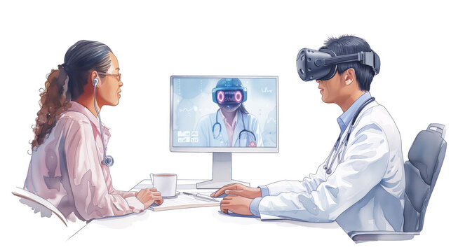 Simple flat watercolor illustration of a doctor conducting a telemedicine consultation with a VR-glasses, using virtual reality technology