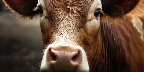 A detailed close-up shot of a cow's face with a blurred background. This image can be used to depict farm animals or rural landscapes