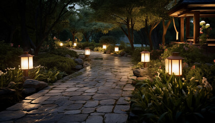 Fototapeta na wymiar Illuminated Garden Pathway at Dusk with Traditional Lanterns