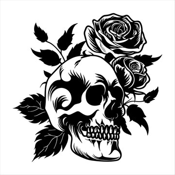 Skull and Flowers Day of The Dead, generative ai, vector illustration.
