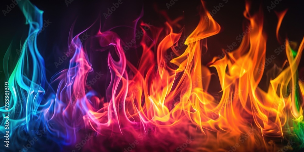 Poster Close up shot of a vibrant and colorful fire burning against a black background. Perfect for adding a dynamic and energetic touch to any design or project