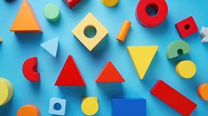 A group of colorful wooden shapes arranged on a blue surface. Can be used for educational purposes or as a background for creative projects
