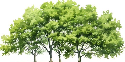 A painting depicting a group of trees with lush green leaves. Ideal for nature-themed projects or as a background image for various design purposes