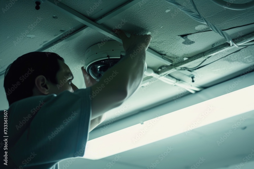 Poster A man is pictured fixing a ceiling light in a room. This image can be used to showcase home improvement, electrical repairs, or DIY projects