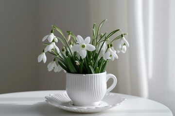 A white cup filled with white flowers placed on top of a table. Can be used for home decor, spring themes, or floral arrangements.