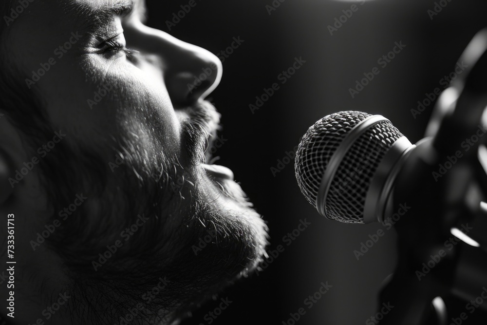 Aufkleber a man with a beard is passionately singing into a microphone. this image can be used to depict a liv