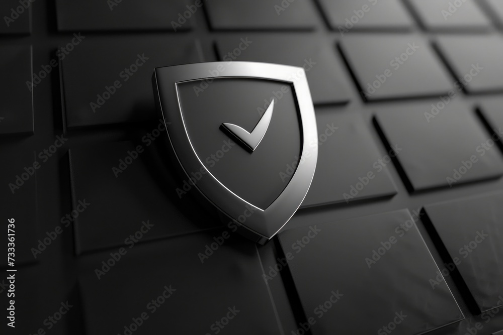 Poster a black and white photo of a shield with a check mark. suitable for illustrating completion, success