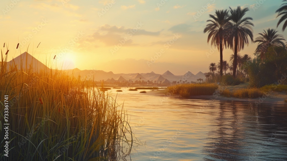 Poster A beautiful image capturing the setting sun over a serene body of water. Perfect for adding a peaceful and scenic touch to any project