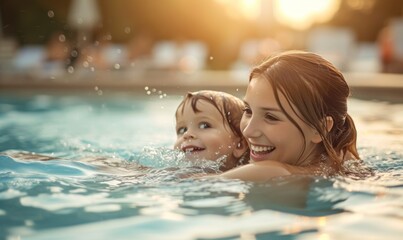 Mother learning child how to swimm in water pool