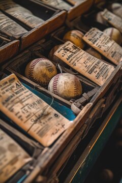 A collection of old baseballs neatly arranged in a wooden box. Perfect for sports memorabilia enthusiasts or vintage-themed designs