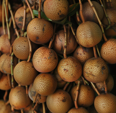 Tas de longanes sur un &eacute;tal de march&eacute;. R&eacute;colte de  longanes frais, cousin du litchi, et bien m&ucirc;res pour faire le plein de vitamines en &eacute;t&eacute;
