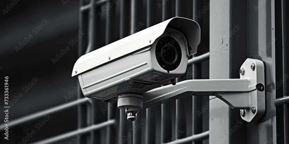 Poster A security camera mounted on the side of a building. Suitable for surveillance and security-related concepts