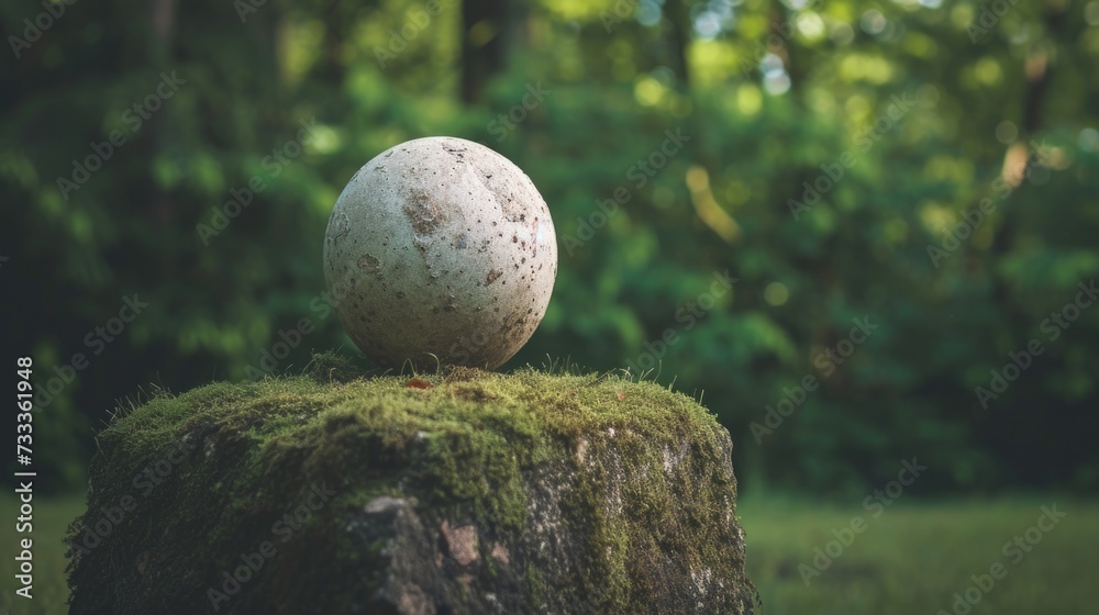 Poster a white egg sits on top of a tree stump, ready to hatch. this image can be used to depict new beginn