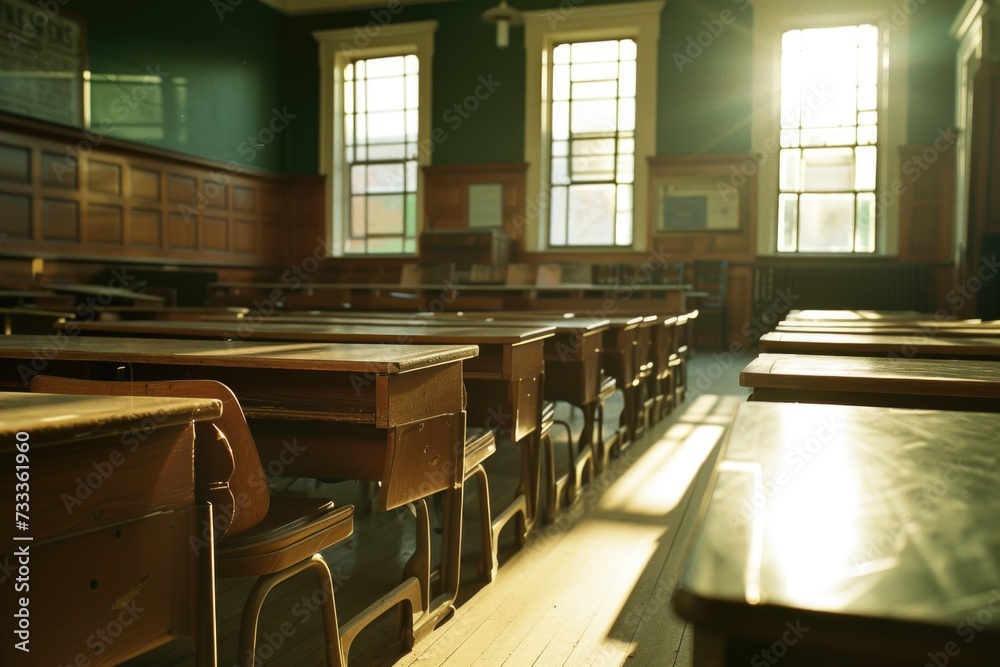 Poster an empty classroom with wooden desks and windows. perfect for educational and school-related project